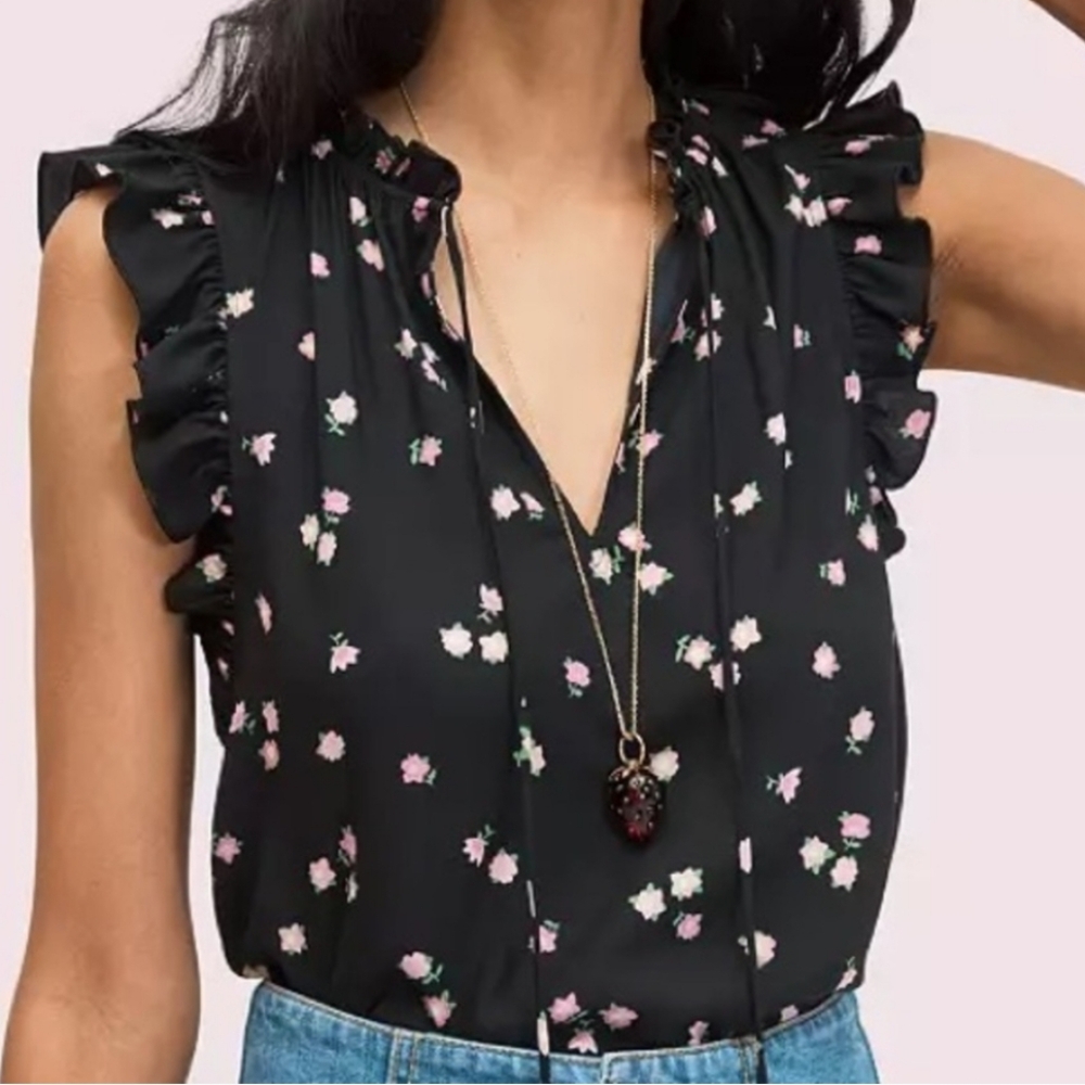 Kate Spade Ditzy Daisy Tie Neck Ruffled Top in Black Size Small